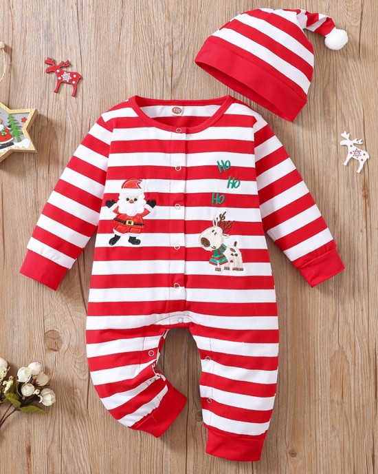 【0M-12M】2-piece Unisex Baby Red Christmas Striped Cartoon Embroidered Long Sleeve Romper With Hat