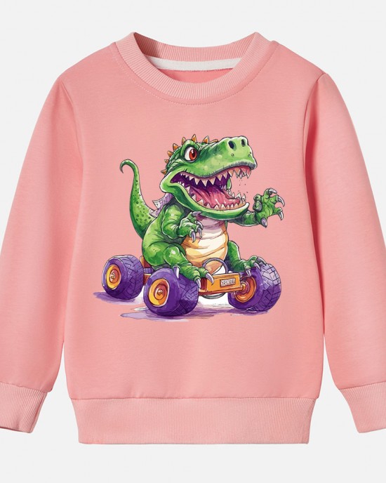 【12M-9Y】Boys Cotton Stain Resistant Dinosaur And Car Print Long Sleeve Sweatshirt