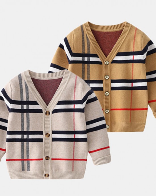 【2Y-9Y】Unisex Kids Plaid Long Sleeve Sweater Cardigan