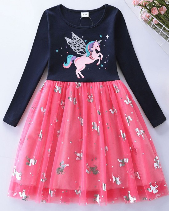 【3Y-8Y】Girls Navy Unicorn Print Mesh Long Sleeve Dress