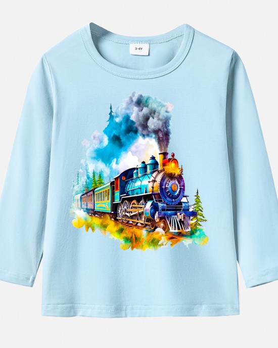 【12M-9Y】Boy Cotton Stain Resistant Train Print Long Sleeve Tee