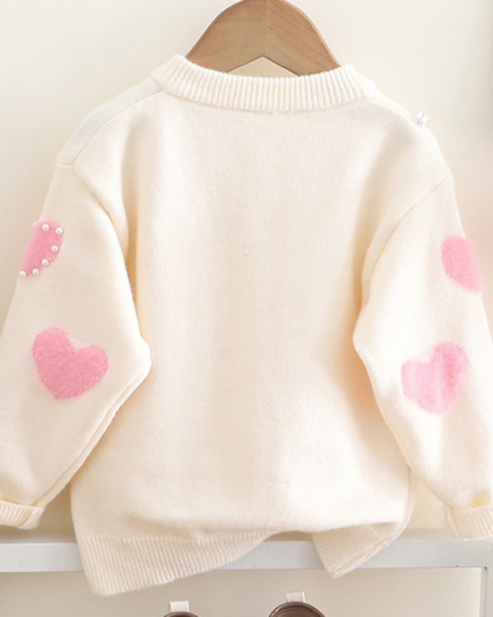 【18M-6Y】Girls Heart Pearl Long Sleeve Sweater Cardigan