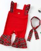 【3M-24M】2-piece Baby Girl Corduroy Christmas Plaid Jumpsuit With Hairband