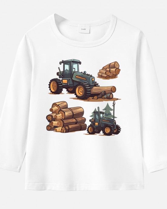 【12M-9Y】Boys Cotton Stain Resistant Engineering Print Long Sleeve Tee