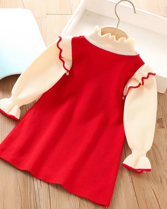 【18M-7Y】Girls Bow Long Sleeve Sweater Dress - 33256