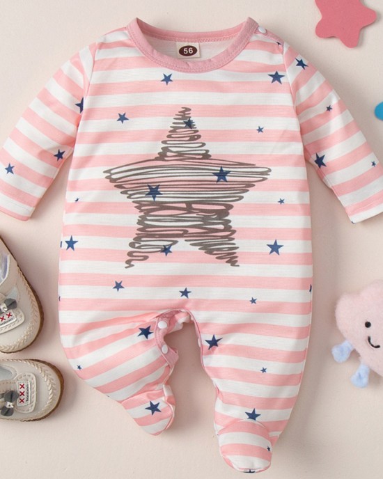 【0M-12M】Baby Girl Pink Striped Star Print Long Sleeve Romper