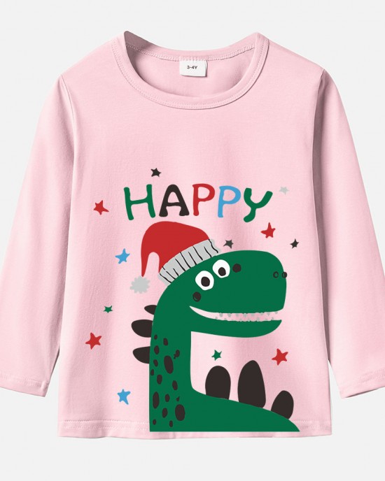 【12M-9Y】Boy Cotton Stain Resistant Christmas Dinosaur Print Long Sleeve Tee