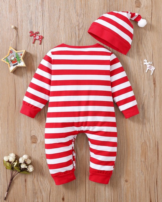 【0M-12M】2-piece Unisex Baby Red Christmas Striped Cartoon Embroidered Long Sleeve Romper With Hat