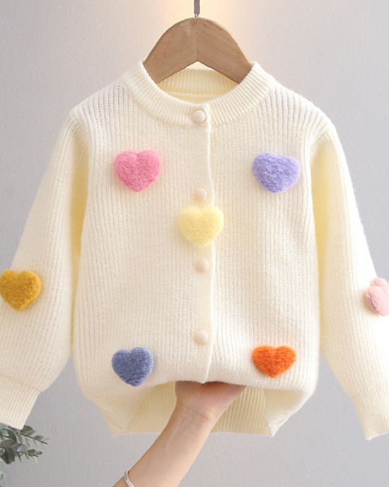 【18M-6Y】Girls Heart Applique Long Sleeve Sweater Cardigan