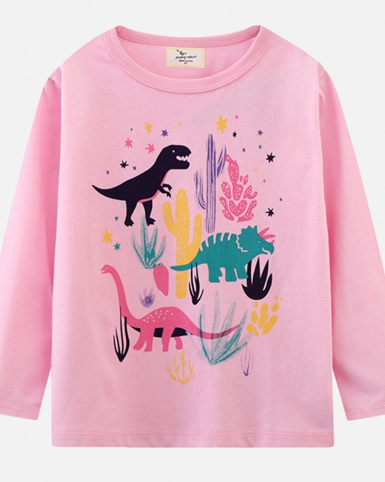 【18M-7Y】Girls Pink Dinosaur Print Round Neck Long Sleeve T-shirt