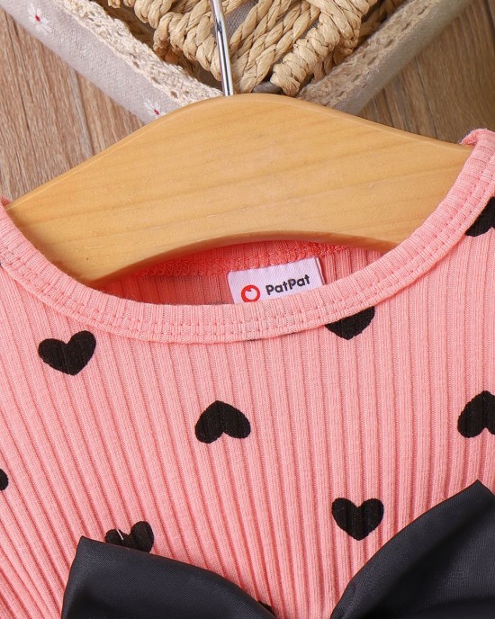 【0M-18M】2-piece Baby Girl Pink Heart Print Long Sleeve Romper With Hairband