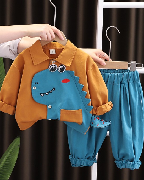 【9M-4Y】2-piece Boys Dinosaur Embroidered Long Sleeve Shirt And Pants Set