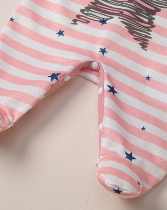 【0M-12M】Baby Girl Pink Striped Star Print Long Sleeve Romper