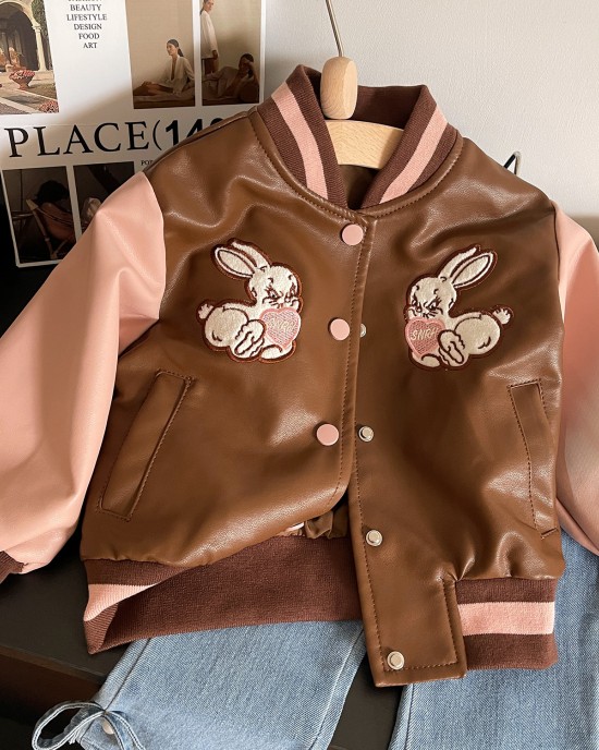 【18M-8Y】Girls Brown Bunny Embroidered PU Leather Jacket