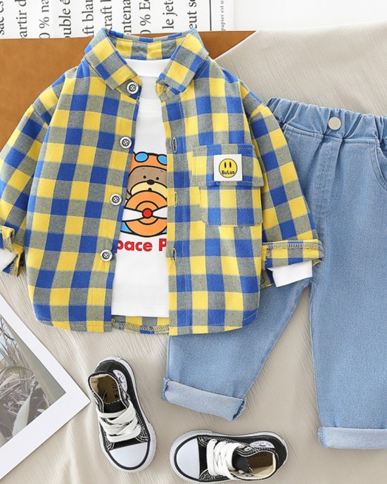 【9M-4Y】3-piece Boys Bear Print Long-sleeved T-shirt And Plaid Shirt And Jeans Set