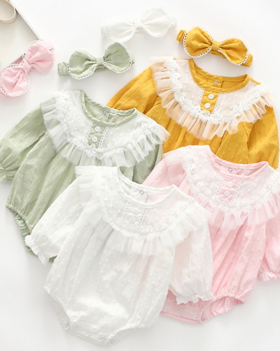 【0M-24M】2-piece Baby Girl Multicolor Cotton Jacquard Long Sleeve Romper With Hairband