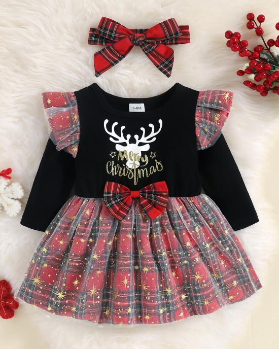 【3M-24M】Girls Christmas Elk Printed Long Sleeve Plaid Dress - 33264