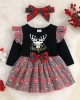 【3M-24M】Girls Christmas Elk Printed Long Sleeve Plaid Dress - 33264