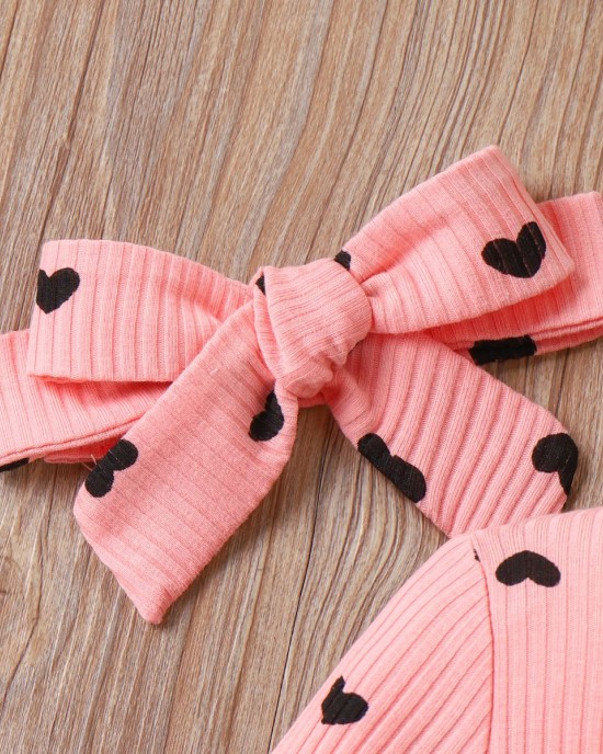 【0M-18M】2-piece Baby Girl Pink Heart Print Long Sleeve Romper With Hairband