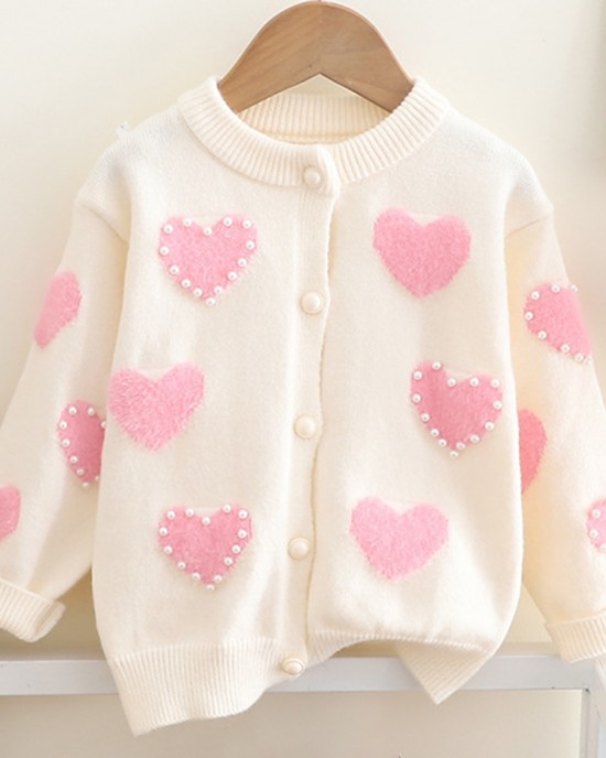 【18M-6Y】Girls Heart Pearl Long Sleeve Sweater Cardigan