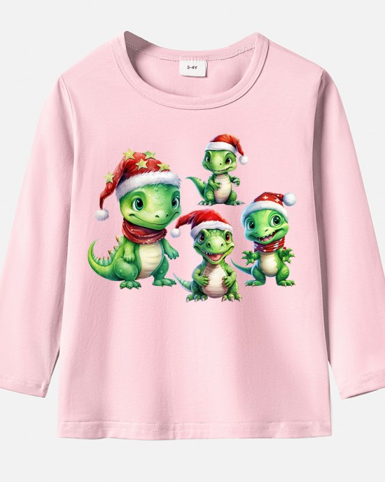 【12M-9Y】Unisex Kid Cotton Stain Resistant Christmas Dinosaurs Print Long Sleeve Tee