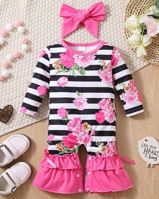 【0M-18M】2-piece Baby Girl Striped Floral Print Long Sleeve Romper With Hairband