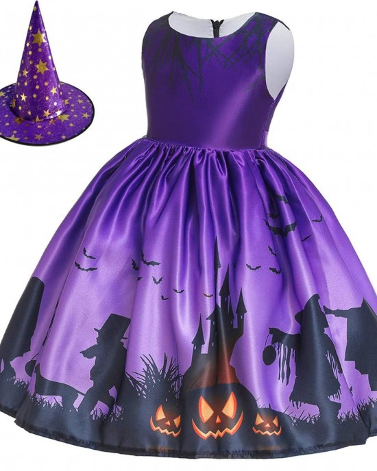 【2Y-11Y】2-piece Girls Multicolor Halloween Print Princess Dress With Hat - 33249