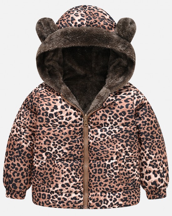 【18M-6Y】Girls Thick Heart Leopard Print Reversible Hooded Fleece Coat