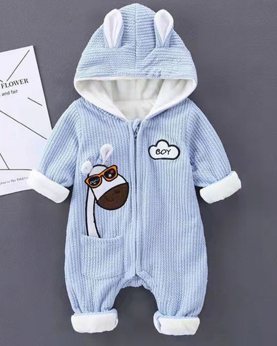 【3M-24M】Unisex Baby Thick Giraffe Embroidered Hooded Long Sleeve Romper