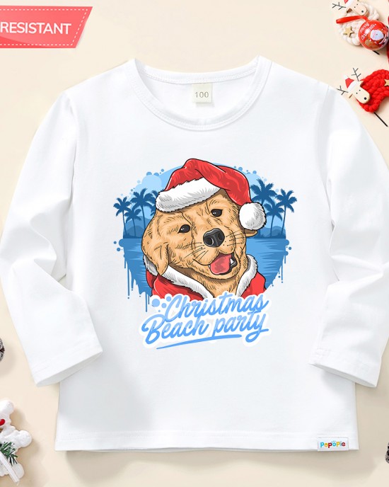 【12M-9Y】Unisex Kid Cotton Stain Resistant Christmas Golden Retriever Dog Print Long Sleeve Tee