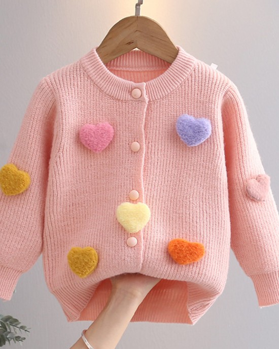 【18M-6Y】Girls Heart Applique Long Sleeve Sweater Cardigan