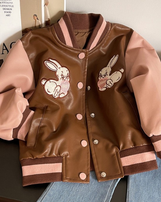 【18M-8Y】Girls Brown Bunny Embroidered PU Leather Jacket