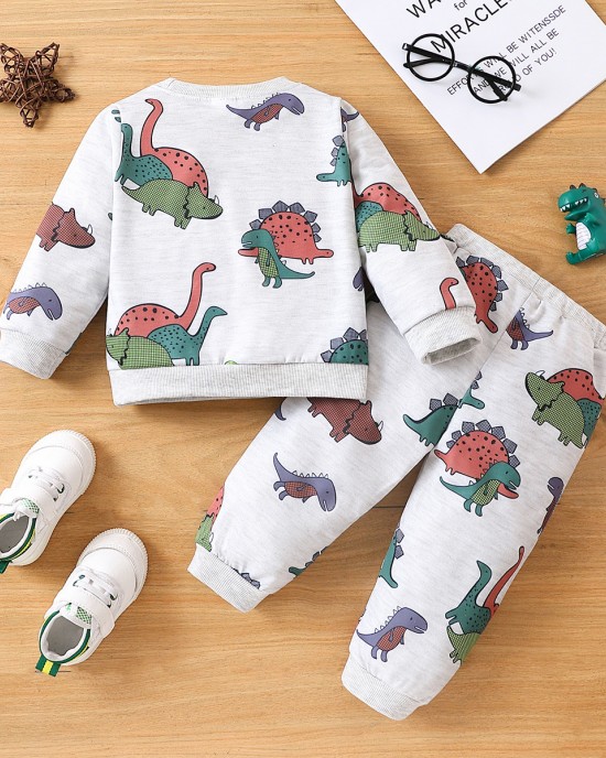 【18M-6Y】2-piece Boys Dinosaur Print Round Neck Long-sleeved Sweatshirt And Pants Set