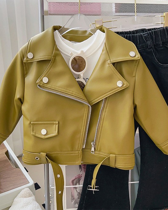 【18M-8Y】Girls Green PU Leather Jacket (T-shirt Not Included)