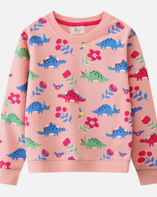 【18M-7Y】Girls Pink Dinosaur Print Long Sleeve Sweatshirt