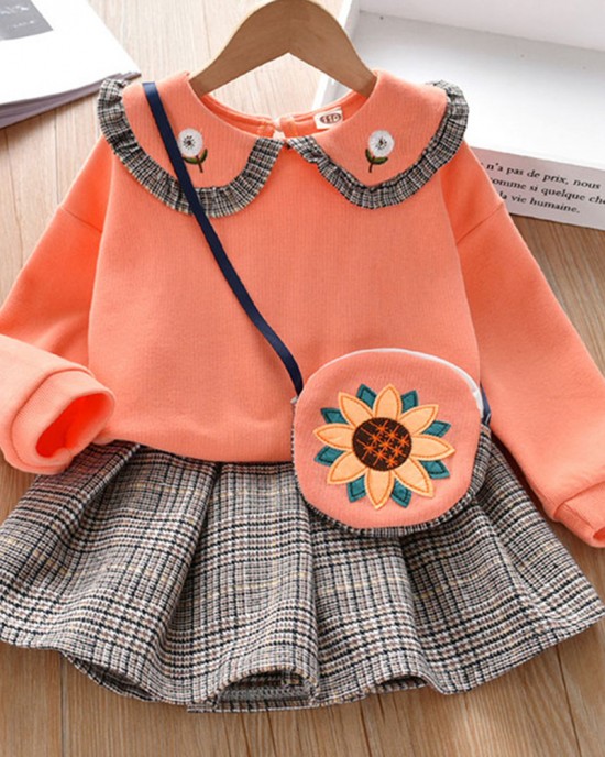 【18M-7Y】Girl 3-piece Doll Collar Sweatshirt And Plaid Pleated Skirt Set With Bag - 34157