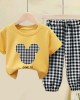 【18M-9Y】Unisex Kids Cartoon Print Short-sleeved T-shirt And Plaid Pants Set - 34359