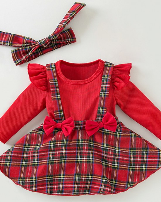 【3M-24M】2-piece Baby Girl Christmas Plaid Long Sleeve Romper With Hairband