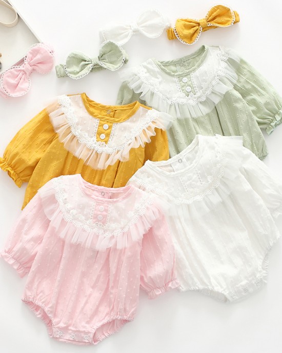 【0M-24M】2-piece Baby Girl Multicolor Cotton Jacquard Long Sleeve Romper With Hairband