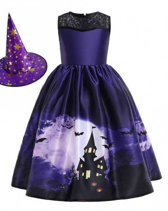 【2Y-11Y】2-piece Girls Multicolor Halloween Print Princess Dress With Hat - 33249