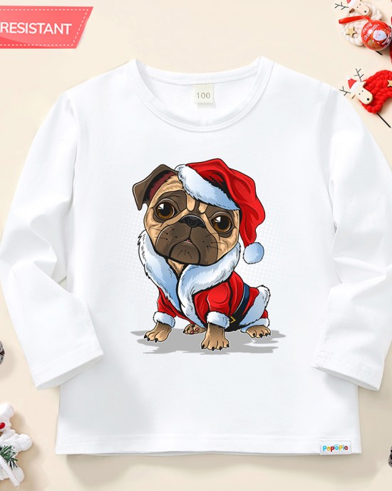 【12M-9Y】Unisex Kid Cotton Stain Resistant Christmas Dog Print Long Sleeve Tee