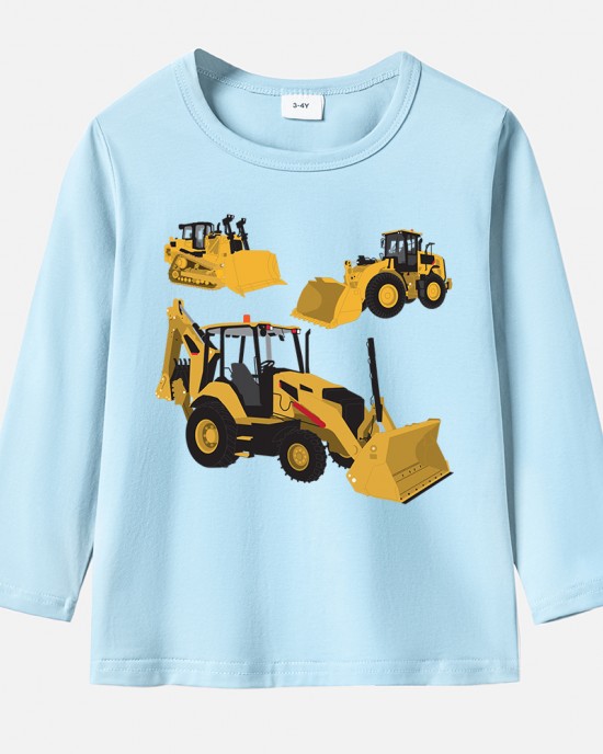 【12M-9Y】Boy Cotton Stain Resistant Excavator And Tractor Print Long Sleeve Tee