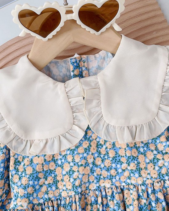 【2Y-7Y】Girls Blue Floral Lapel Long Sleeve Dress