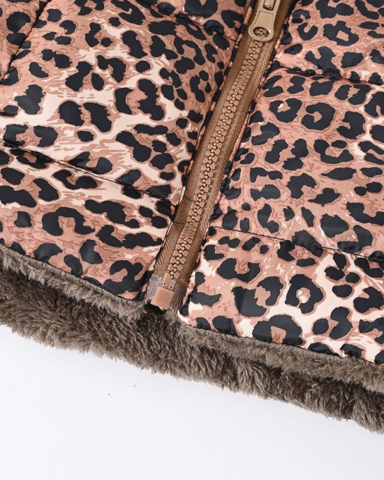 【18M-6Y】Girls Thick Heart Leopard Print Reversible Hooded Fleece Coat