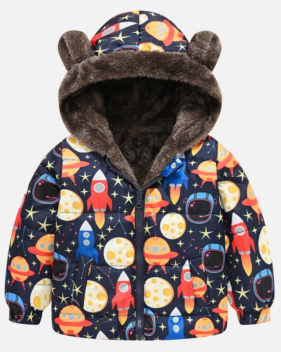 【18M-6Y】Boys Thick Car Space Camo Print Reversible Hooded Fleece Coat