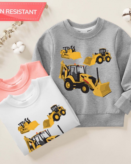 【12M-9Y】Boys Cotton Stain Resistant Excavator And Tractor Print Long Sleeve Sweatshirt