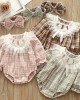 【0M-24M】2-piece Baby Girls Cotton Plaid Long Sleeve Romper With Hairband