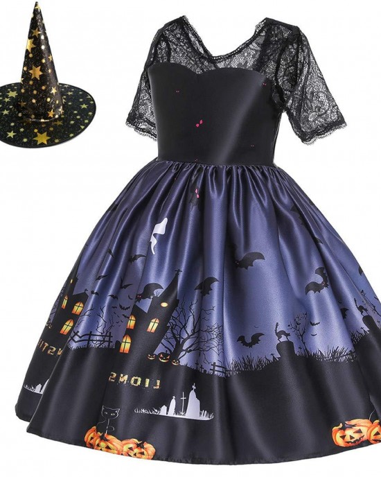 【2Y-11Y】2-piece Girls Multicolor Halloween Print Princess Dress With Hat