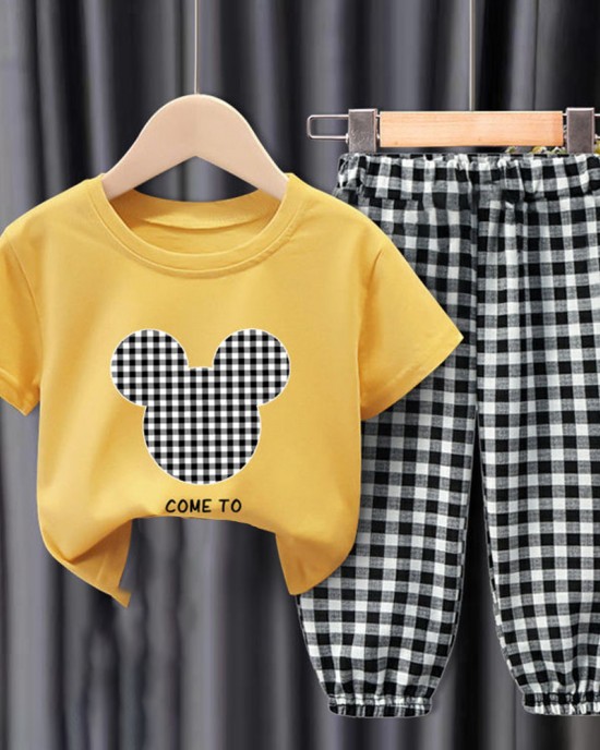 【18M-9Y】Unisex Kids Cartoon Print Short-sleeved T-shirt And Plaid Pants Set - 34359