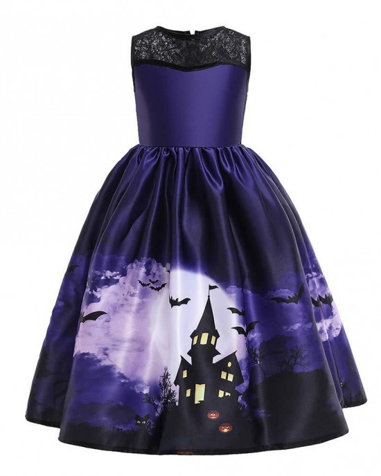 【2Y-11Y】2-piece Girls Multicolor Halloween Print Princess Dress With Hat - 33249